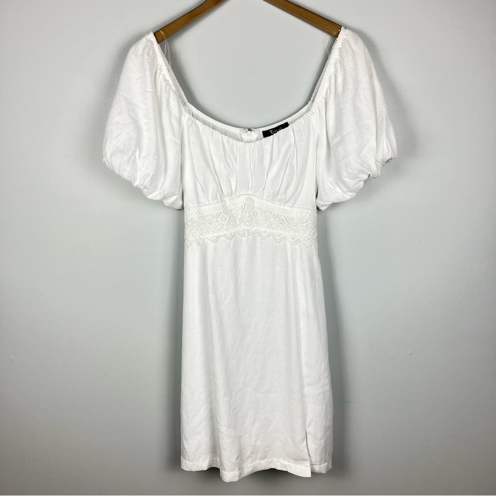 White Cottagecore Dress Womens Large Embroidered Puff Sleeve Tie Back Boho